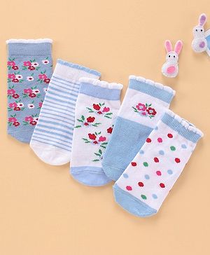 Cute Walk by Babyhug Ankle Length Antibacterial Socks Floral Design Pack of 5 - Blue