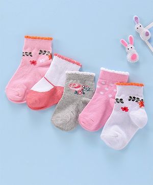 Cute Walk by Babyhug Ankle Length Antibacterial Socks Floral Design Pack of 5 - Pink