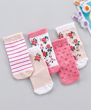 Cute Walk by Babyhug Anti Bacterial Ankle Length Stripe Socks Pack of 5 - Pink White