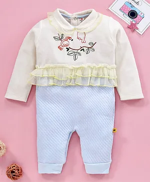 Brats And Dolls Full Sleeves Romper Bird Embroidery - Cream Blue