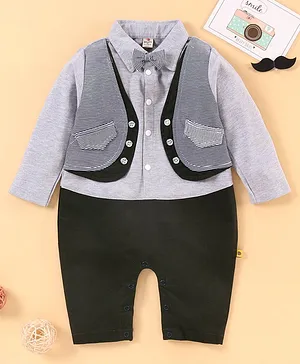 Brats and Dolls Full Sleeves Party Romper with Bow - Grey