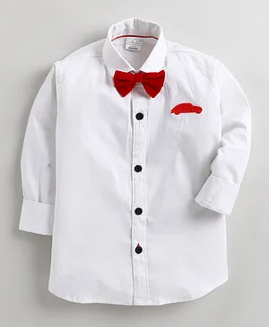 Polka Tots Full Sleeves Car Patch Detailing Shirt With Bow Tie - White