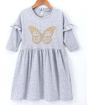 Pine Kids Full Sleeves Bio Wash Frock Butterfly Glitter Print - Grey