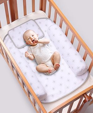 Babyhug 100% Premium Cotton Pillow Bolster & Diaper Changing Mat Set of 4 - Asterisk Grey