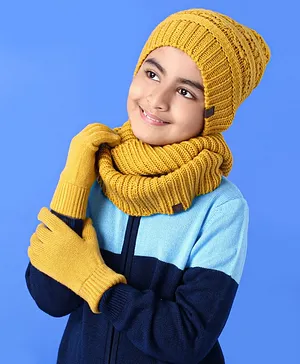 Pine Kids Woollen Cap & Set With Muffler Yellow - 14.5 cm