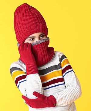 Pine Kids Woollen Cap Gloves Set With Muffler Red - Diameter 13 cm