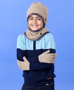 Pine Kids Winter Wear Fur Beanie Cap Gloves and Muffler Set Khaki - Diameter 13 cm