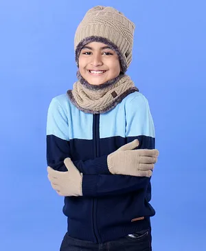 Pine Kids Winter Wear Fur Beanie Cap Gloves and Muffler Set Beige - Diameter 17.5 cm