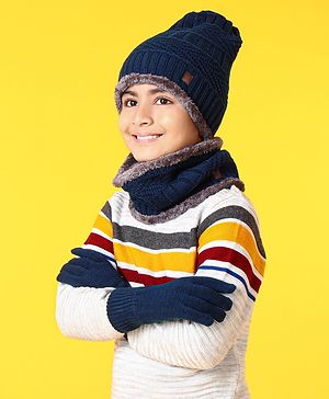 Pine Kids Woollen Cap Gloves & Snood with Fur Blue - Diameter 17 cm