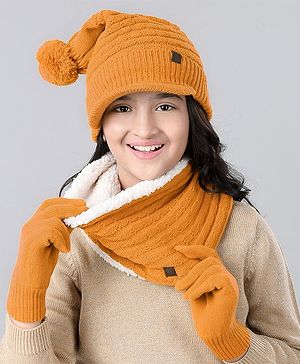 Pine Kids Woollen Cap & Mask With Muffler Yellow - Diameter 46 cm