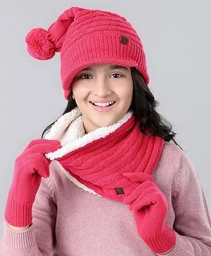 Pine Kids Woollen Cap with Gloves & Muffler Pink - Diameter 39 cm