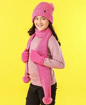 Pine Kids Cap Gloves & Muffler with Pom Pom Solid Color Pink - Diameter 13 cm