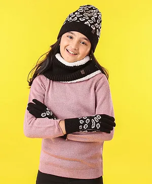 Pine Kids All Over Jacquard with Sherpa Lining Cap Gloves & Snood Pack of 3 - Black