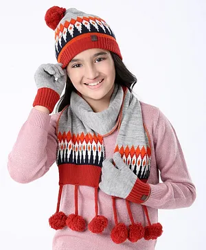 Pine Kids Woollen Cap Gloves Set With Muffler Red - Diameter 14.5 cm