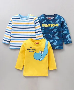 Babyhug Full Sleeves Striped Tee Dino Print Pack of 3 - Blue Yellow