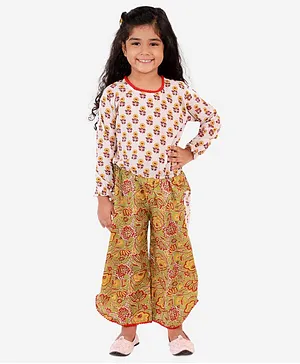 KID1 Full Sleeves Top With Floral Print Palazzo Set - White & Yellow