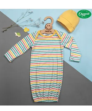 COCOON ORGANICS 100% Organic Cotton Full  Sleeve Striped Nightwear With Cap  Set - Yellow
