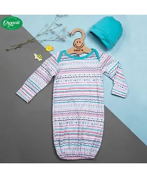 COCOON ORGANICS 100% Organic Cotton Full  Sleeve Striped Mitten Gown Nightwear With Cap  Set - Blue
