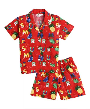 IndiUrbane Short Sleeves All Over Alphabet Print Night Suit - Red