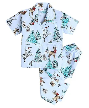 IndiUrbane Short Sleeves Reindeer Print Night Suit - Blue