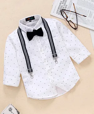 Robo Fry Full Sleeves Shirt with Bow & Suspenders - White