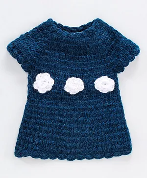 Richhandknits Cap Sleeves Woolen Handknitted Dress - Deep Blue