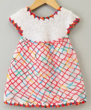 Richhandknits Half Sleeves Woollen Dress Mesh Design - Red Cream