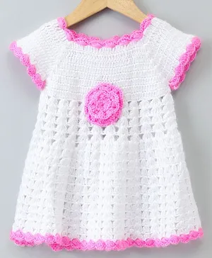 Rich Handknits Short Sleeves HandknittedWoollen Dress Flower Applique - White Pink