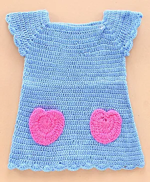 Richhandknits Half Sleeves Handknitted Woollen Dress Heart Pockets - Blue