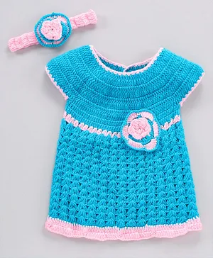 Rich Handknits Cap Sleeves Handknitted Woolen Dress With Headband Flower Applique - Blue