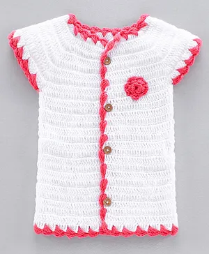 Rich Handknits Half Sleeves Handknitted Crochet Sweater With Flower Applique - White & Pink