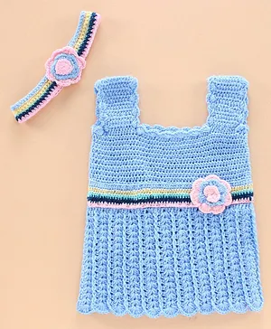 Rich Handknits Sleeveless Woollen Handknitted Dress Flower Motif - Light Blue