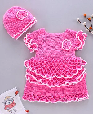 Rich Handknits Woolen Handknitted Dress With Crochet Flower - Pink