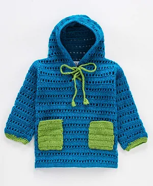 Rich Handknits Full Sleeves Handknitted Hooded Sweater - Blue