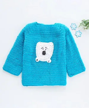 Richhandknits Full Sleeves Handknitted Pullover Sweater Bear Knit - Blue