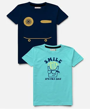 Hellcat Pack Of 2 Half Sleeves Smile Print Tees - Navy Blue & Green