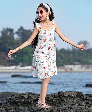Pine Kids Singlet Sleeves Frock Floral Printed - White