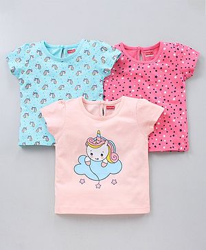Babyhug Short Sleeves Tee Unicorn Print Pack of 3 - Blue Pink Peach