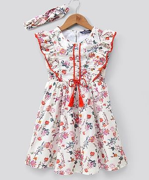 Pine Kids Frill Sleeves Frock & Headband Floral Print - Off White