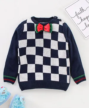 Yellow Apple Full Sleeves Checks Sweater With Bow - Navy Blue White
