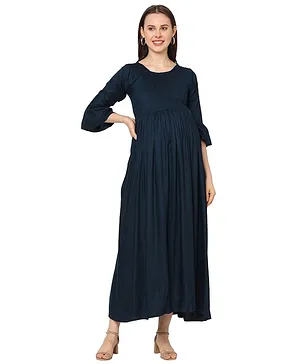 MOM'S BEE Three Fourth Sleeves Solid Flare Maternity Dress - Navy Blue