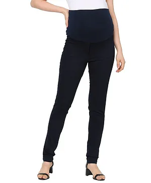 MOM'S BEE Full Length Solid Plain Maternity Denim Jeans - Navy Blue