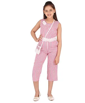 Cutecumber Sleeveless Striped Jumpsuit With Sling Bag - Red