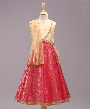 Babyhug Sleeveless Glitter Printed Choli with Lehenga & Dupatta Set - Pink Beige