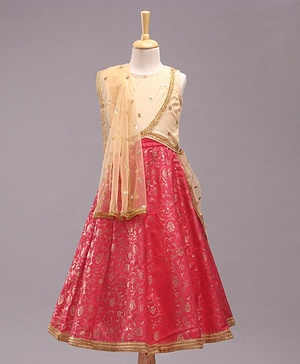 Babyhug Sleeveless Glitter Printed Choli with Lehenga & Dupatta Set - Pink Beige