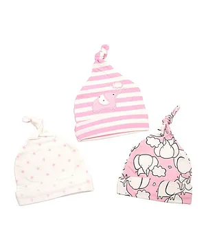 Baby Moo Striped & Elephant Print Set Of 3 Caps - Pink
