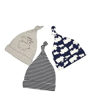 Baby Moo Pack Of 3 Striped & Printed Caps - Blue
