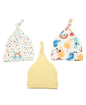 Baby Moo Pack Of 3 Striped & Printed Caps - Yellow