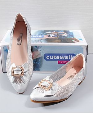 Cute Walk by Babyhug Party Wear Belly Shoes Bow Applique - Silver