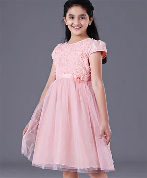 Pine Kids Half Sleeves Frock With Foil Print On Mesh & Cotton Lining - Peach
